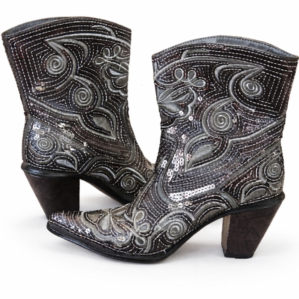 Helen's Heart Black Silver Sequin Swirl Western Ladies Boots Sz 6